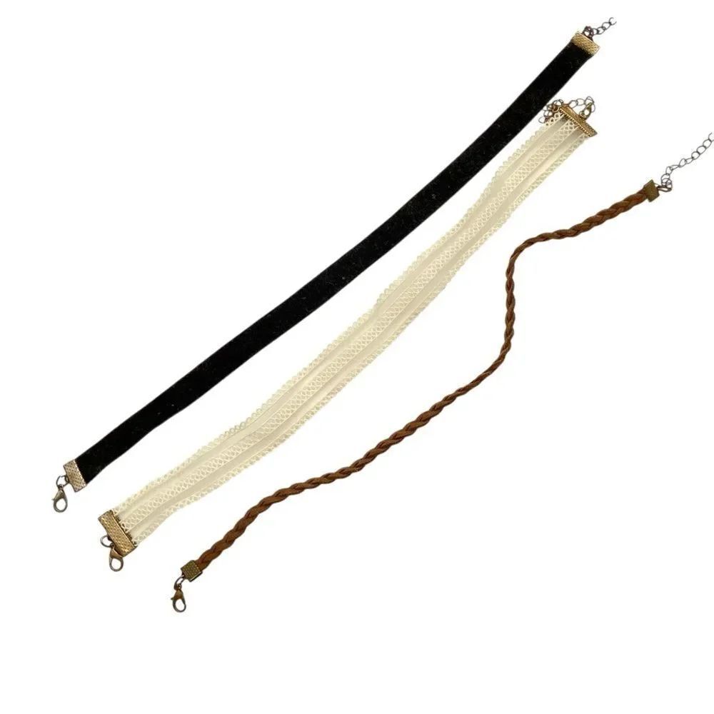 Set of Three Choker Necklaces in Black, Cream, and Brown